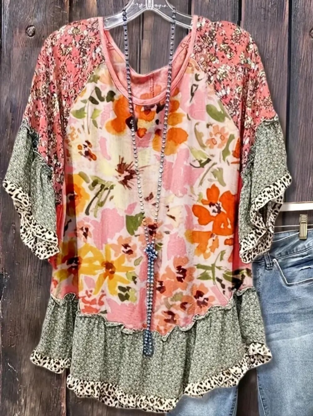 Various Sizes: Women's Mixed Floral Print Blouse w/ Ruffled cuffs & hem-NWT